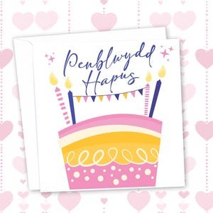 May include: A white greeting card with a pink, yellow, and white cake illustration, topped with candles and a banner. The text "Penblwydd Hapus" is written in blue script. The background features a pattern of pink hearts.