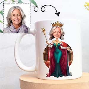 Personalized Queen Caricature Mug, Custom Ceramic Coffee Cup Gift for Women, Funny Cartoon Portrait Tea Mug, Birthday Present Idea