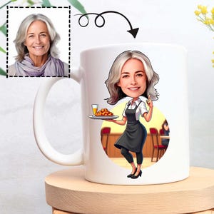 Personalized Waitress Caricature Mug: Custom Hand-Drawn Portrait Gift