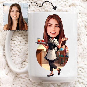 Personalized Waitress Caricature Mug: Custom Cartoon Coffee Cup