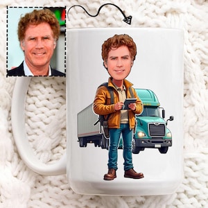 May include: White ceramic mug featuring a cartoon illustration of a man in a yellow jacket and blue jeans, holding a tablet, with a green semi-truck in the background. A small photo of the man is in the upper left corner.