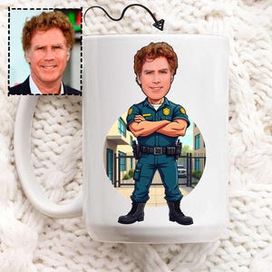 May include: White ceramic mug featuring a cartoon illustration of a person in a police uniform with arms crossed. The mug also has a small image of the person's face. The background of the cartoon is a building and a fence.