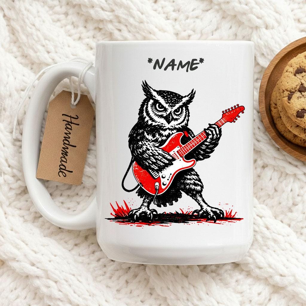 Funny Owl Guitar Mug, Owl Mug Funny, Rock Owl Mug, Music Mug, Guitar Mug, Owl Lover Gift, Animal Mug