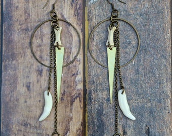 Brass Earrings with Ethically Sourced Coyote Bone and Teeth - taxidermy - unique - witchy -