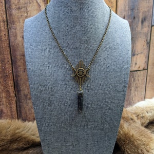 Brass Triple Moon and Smoky Quartz Crystal Necklace - handmade - unique - witchy -