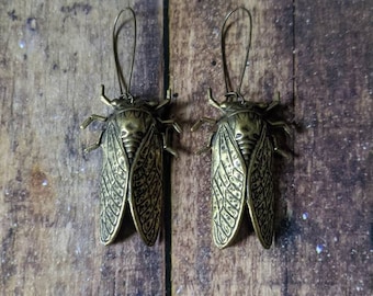 Large Brass Cicada Earrings - jewelry - unique - handmade - oddity - witchy - insect -