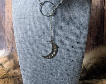 Brass Moon Phase Lariat Necklace - handmade - adjustable - jewelry - unique - witchy - goddess - serpentinecreative - gift
