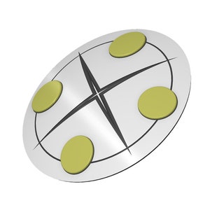 Puede incluir: Un disco circular blanco con una cruz negra y cuatro círculos amarillos alrededor del borde.