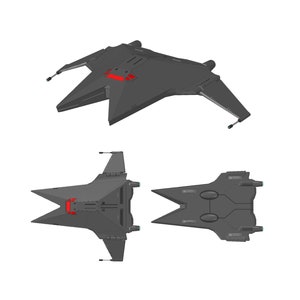 Puede incluir: Una nave espacial gris con una luz roja en la parte superior, mostrada desde tres ángulos diferentes: arriba, adelante y abajo.