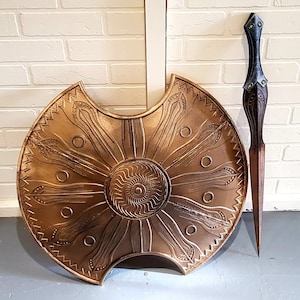 Puede incluir: Un escudo de color dorado con diseños intrincados y una lanza a juego. El escudo es redondo con un centro elevado y un borde decorativo. La lanza tiene un mango marrón oscuro y una punta afilada.