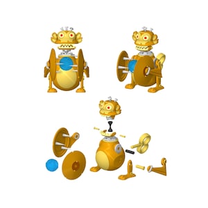 May include: A disassembled gold robot toy with a monkey head. The robot is in various stages of assembly, with parts like the head, body, arms, and legs separated. The robot has a blue sphere in its chest cavity.
