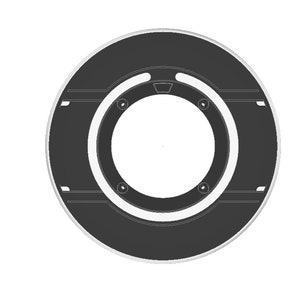 May include: Black round camera mount with four screw holes and a white ring around the center hole.
