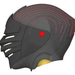 May include: A black helmet with a red and black design. The helmet has a visor and a face mask.