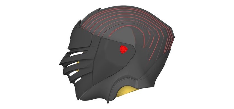May include: A black helmet with a red and black design. The helmet has a visor and a face mask.