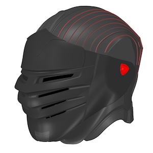 May include: A black helmet with a red stripe design. The helmet has a face shield and a visor.