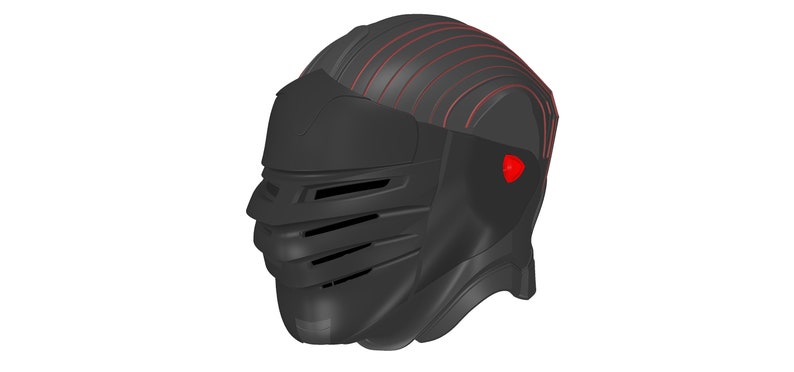 May include: A black helmet with a red stripe design. The helmet has a face shield and a visor.