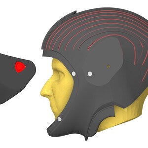 May include: A black helmet with red lines and a separate black face mask. The helmet has a yellow head form inside for sizing.