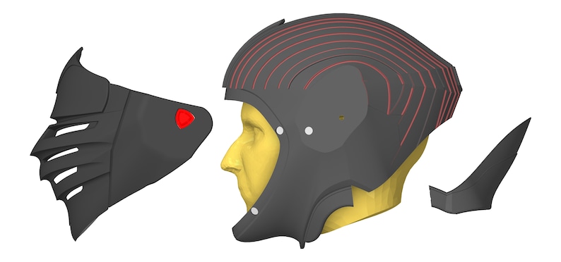 May include: A black helmet with red lines and a separate black face mask. The helmet has a yellow head form inside for sizing.