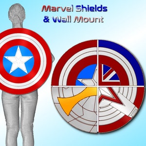 May include: Four different Marvel superhero shields, including Captain America's shield, are displayed on a wall mount. The shields are made of metal and have a variety of colors, including red, white, blue, and silver. The shields are arranged in a circle, with the Captain America shield in the center. The text "Marvel Shields & Wall Mount" is displayed above the shields.