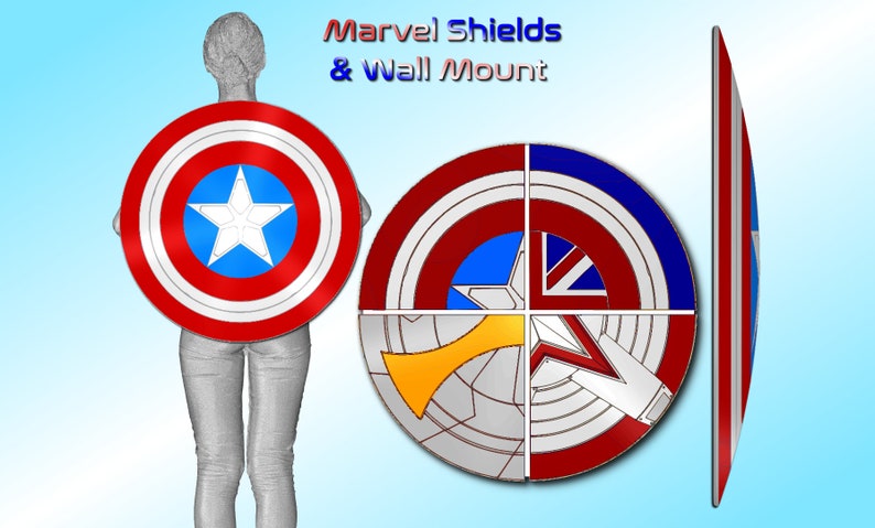 May include: Four different Marvel superhero shields, including Captain America's shield, are displayed on a wall mount. The shields are made of metal and have a variety of colors, including red, white, blue, and silver. The shields are arranged in a circle, with the Captain America shield in the center. The text "Marvel Shields & Wall Mount" is displayed above the shields.