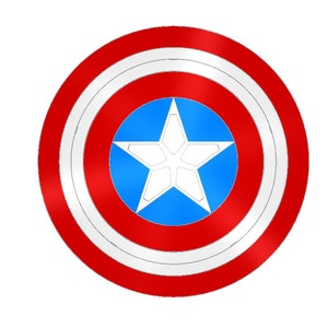 May include: A red, white, and blue circular shield with a white star in the center. The shield has a metallic sheen.