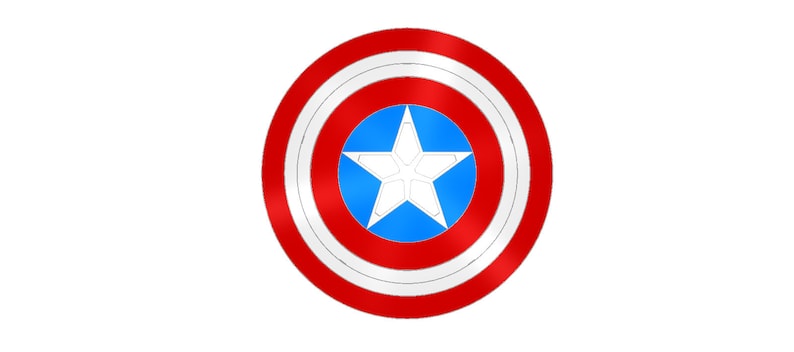 May include: A red, white, and blue circular shield with a white star in the center. The shield has a metallic sheen.