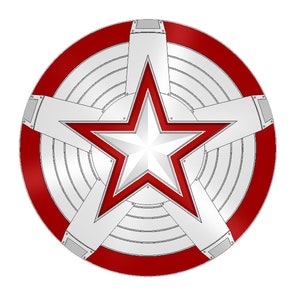 May include: A red and silver shield with a five-pointed star in the center. The star is red with a white outline.