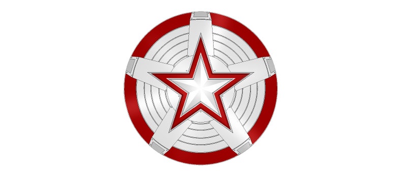 May include: A red and silver shield with a five-pointed star in the center. The star is red with a white outline.