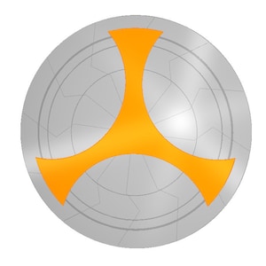 May include: A silver shield with a circular design and a three-pointed, bright orange symbol in the center.