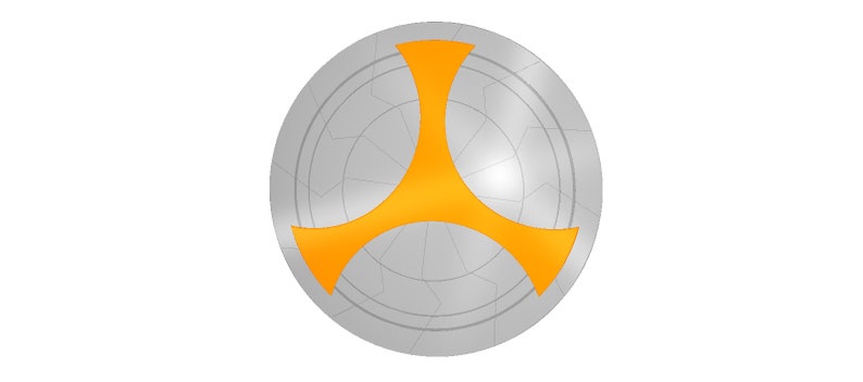 May include: A silver shield with a circular design and a three-pointed, bright orange symbol in the center.