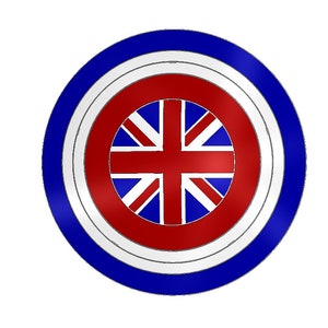 May include: A red, white, and blue circular target with concentric circles. The center of the target features the Union Jack flag.