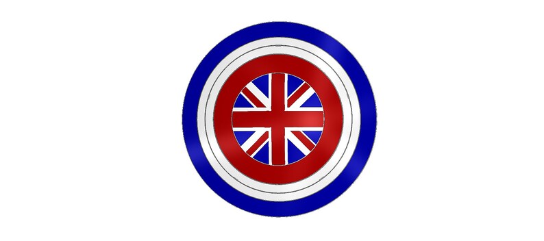 May include: A red, white, and blue circular target with concentric circles. The center of the target features the Union Jack flag.