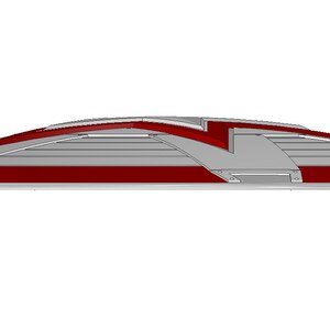 May include: A silver and red speed bump with a raised, angled design. The speed bump is designed to slow down vehicles.
