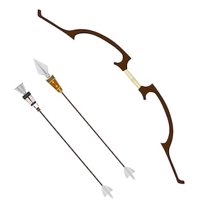 May include: A brown wooden bow with two arrows. One arrow has a brown fletching and a silver tip. The other arrow has a black fletching and a silver tip.