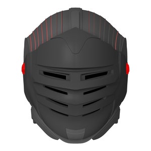 May include: A black helmet with red accents and a detailed design. The helmet has a visor with a grid pattern.