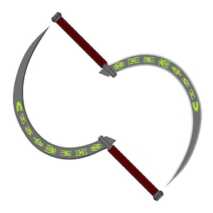 Może przedstawiać: Dwa srebrne, półksiężycowate miecze z brązowymi rękojeściami i zielonymi oznaczeniami. Miecze są skrzyżowane w kształcie symbolu nieskończoności.