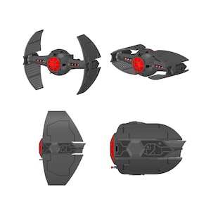 Puede incluir: Una nave espacial negra con luces rojas y un diseño detallado. La nave espacial se muestra desde cuatro ángulos diferentes.