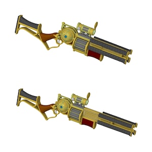 Puede incluir: Una pistola de estilo steampunk de color dorado con un cañón negro y un acento rojo. La pistola tiene una mira telescópica y un diseño decorativo.