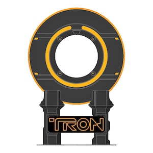 May include: A black and yellow Tron light cycle portal with the word "TRON" in orange text below.