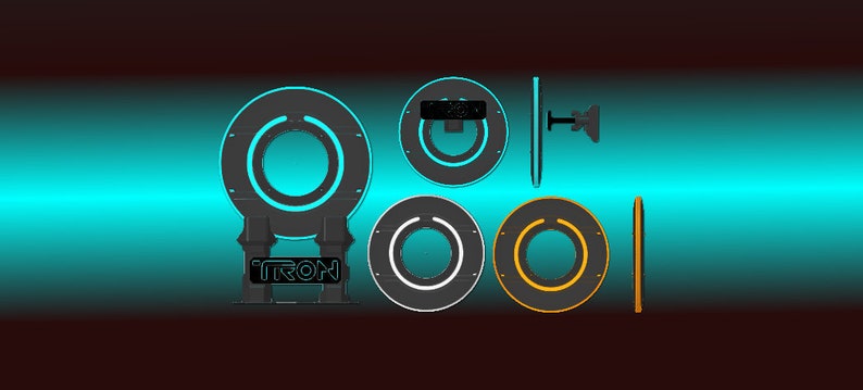 May include: A set of six black and blue light-up rings with a black stand that says "TRON".