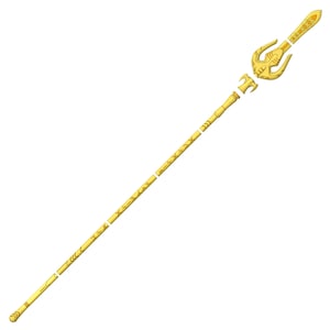 May include: A gold-coloured spear with a decorative, ornate tip. The spear is made of metal and has a long, slender shaft.