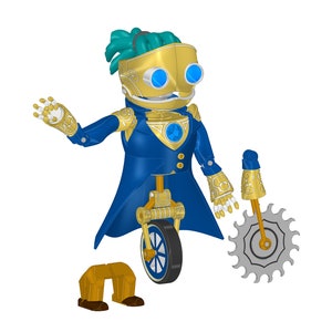 Puede incluir: Un juguete robot dorado y azul con una sola rueda, una hoja de sierra y una capa azul. El robot tiene un mohawk verde y gafas.