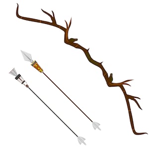 May include: A brown wooden bow with a curved design and two arrows. The arrows have brown shafts, white fletching, and metal arrowheads. The bow is made of a branch-like material.