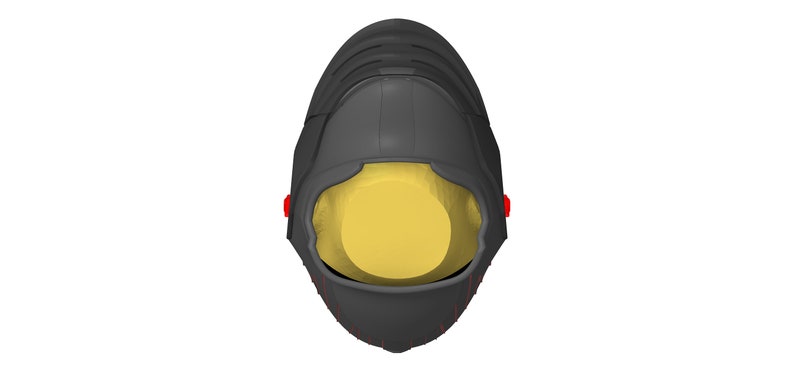 May include: A black helmet with a yellow visor and red accents. The helmet has a futuristic design.