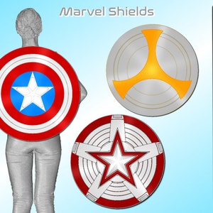 May include: Four different designs of round, metal shields with various colors and patterns. The shields are red, white, blue, silver, and yellow. The text "Marvel Shields" is at the top of the image.