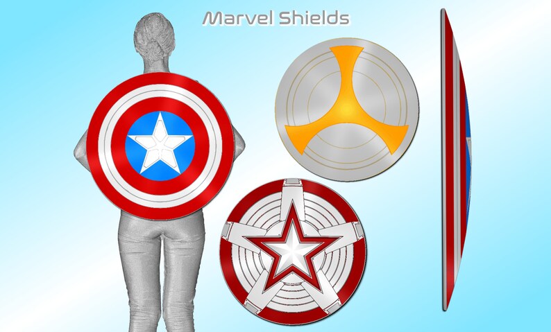 May include: Four different designs of round, metal shields with various colors and patterns. The shields are red, white, blue, silver, and yellow. The text "Marvel Shields" is at the top of the image.