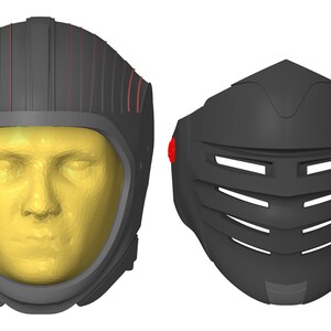 May include: Two futuristic helmets, one with a clear visor and a yellow face mold, the other with a black grill-like faceplate. Both helmets are black with red accents.