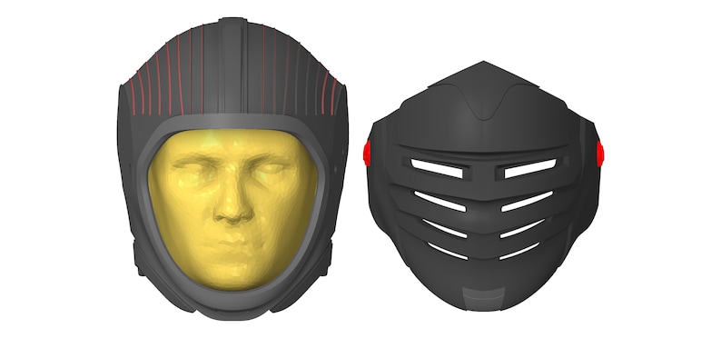 May include: Two futuristic helmets, one with a clear visor and a yellow face mold, the other with a black grill-like faceplate. Both helmets are black with red accents.