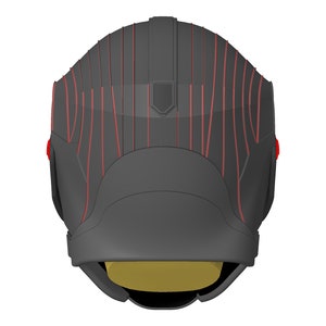 May include: A black helmet with red lines and a gold visor. The helmet has a futuristic design.