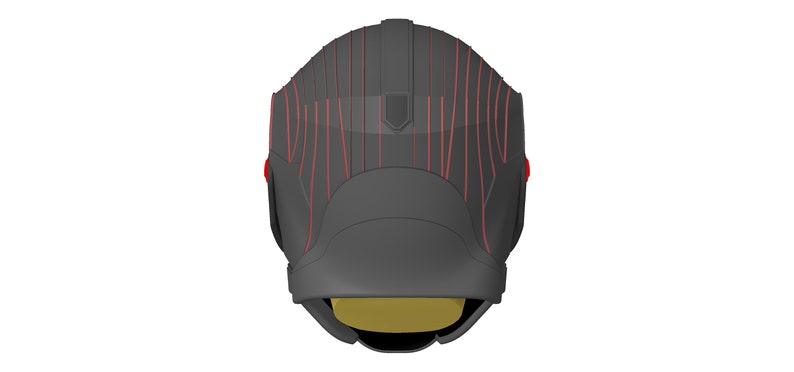May include: A black helmet with red lines and a gold visor. The helmet has a futuristic design.